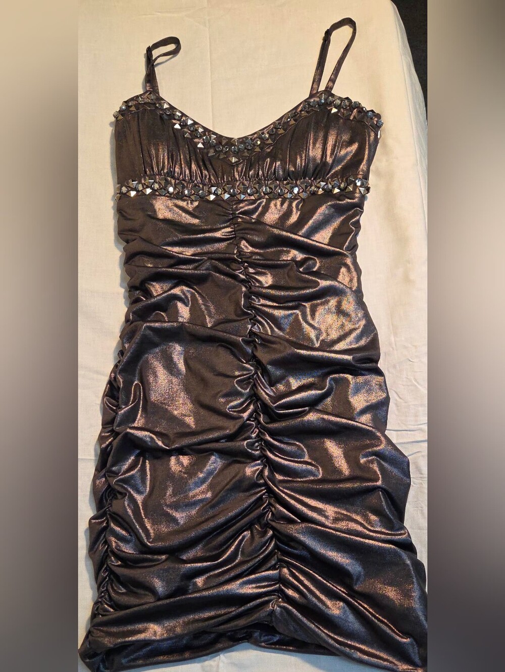 bebe Metallic Bronze Ruched Strap Mini Dress with Stud Trim